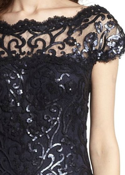 画像1: Tadashi Shoji　　 Off-The-Shoulder Sequined Lace Gown　ネイビー