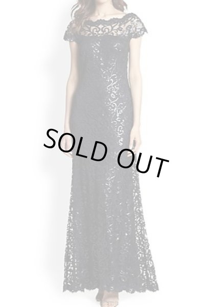 画像1: Tadashi Shoji　　 Off-The-Shoulder Sequined Lace Gown　ネイビー (1)