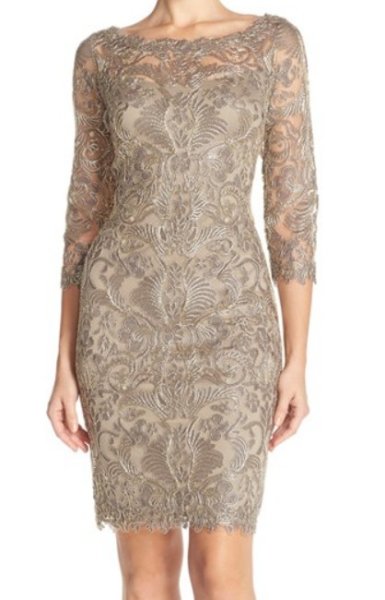 画像1: Tadashi Shoji    Embroidered Lace Sheath　スモークパール (1)