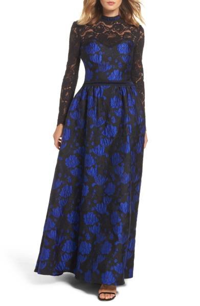 画像1: 再販売セール！Tadashi Shoji タダシショージ   ハイネックローズジャガードドレス　ブルー系 (1)