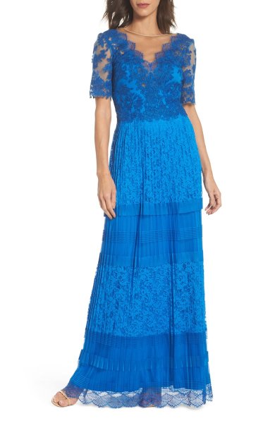 画像1: 再販売！【新妻聖子さん着用】Tadashi Shoji タダシショージ   Pleat Lace Gown ブルー系 (1)