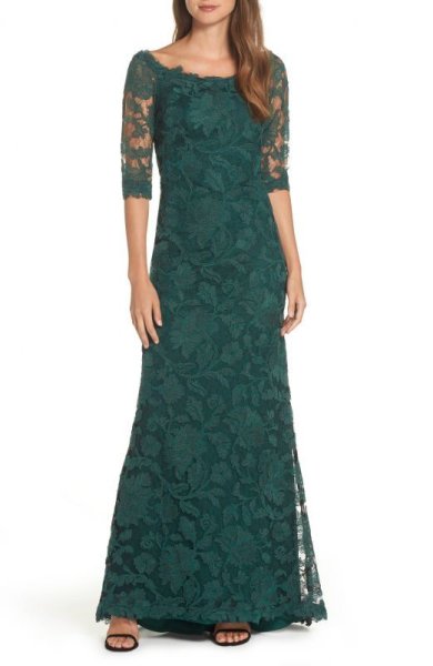 画像1: Tadashi Shoji   タダシショージ　Embroidered Boat Neck Mermaid Gown　グリーン系 (1)