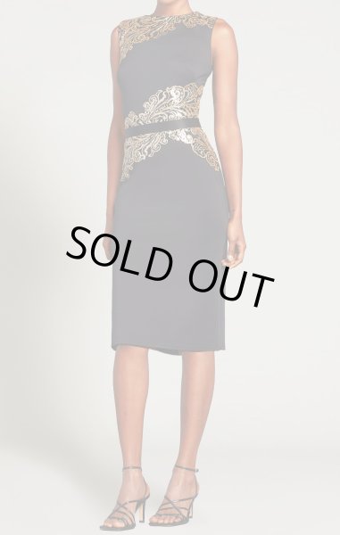 画像1: 期間限定セール！Tadashi Shoji   タダシショージ  　ELANUR SEQUIN & CREPE BELTED PENCIL DRESS ブラック、ゴールド系 (1)