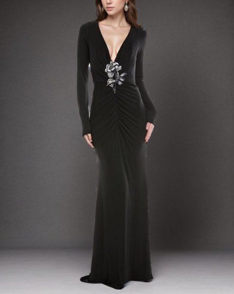 画像1: セール！Marchesa Notte マルケッサノッテ  MATTE RUCHED GOWN　ブラック  06271 (1)