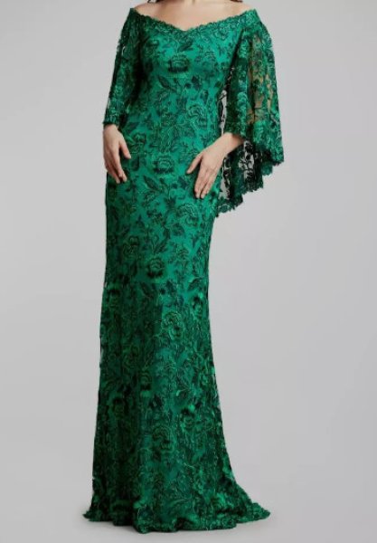 画像1: Tadashi Shoji タダシショージ  Floral Embroidered Lace Cape Gown   グリーン系 (1)