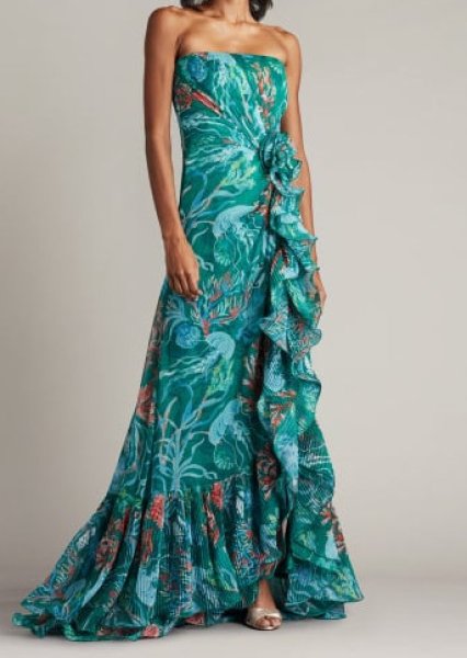 画像1: セール！Tadashi Shoji  タダシショージ  　Morwenna Oceanic Print Ruffle Gown グリーン系 (1)