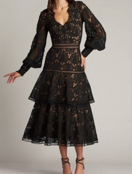 画像1: セール！Tadashi Shoji タダシショージ  　QUENBY TIERED EMBROIDERED TULLE MIDI DRESS ブラック (1)