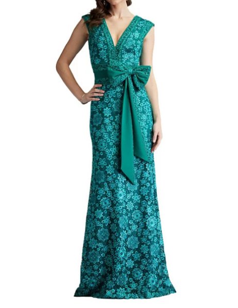 画像1:  Tadashi Shoji  タダシショージ　Esha Embroidered Waist Bow Gown グリーン系 (1)