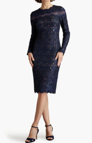 画像1: Tadashi Shoji タダシショージ   Bremer Sequin Embroidered Dress　ネイビー系 (1)