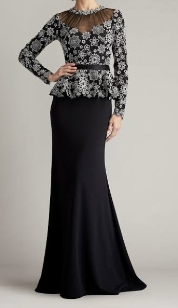 画像1:  Tadashi Shoji  タダシショージ　Lata Embroidered Belted Peplum Gown　ブラック (1)