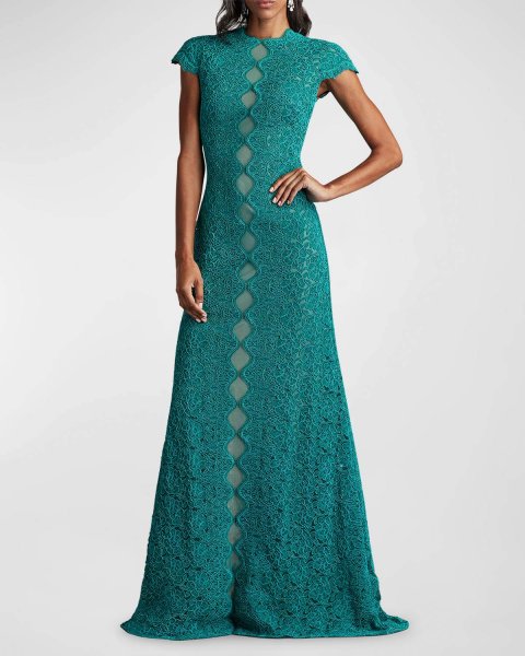 画像1:  Tadashi Shoji  タダシショージ　Etters Scalloped Illusion Gown グリーン (1)