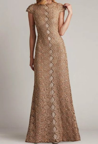 画像1:  Tadashi Shoji  タダシショージ　Etters Scalloped Illusion Gown ゴールド、ベージュ (1)