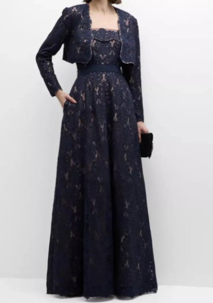 画像1: セール！Tadashi Shoji タダシショージ  ボレロ付き NERA CORDED LACE GOWN ネイビー系 (1)