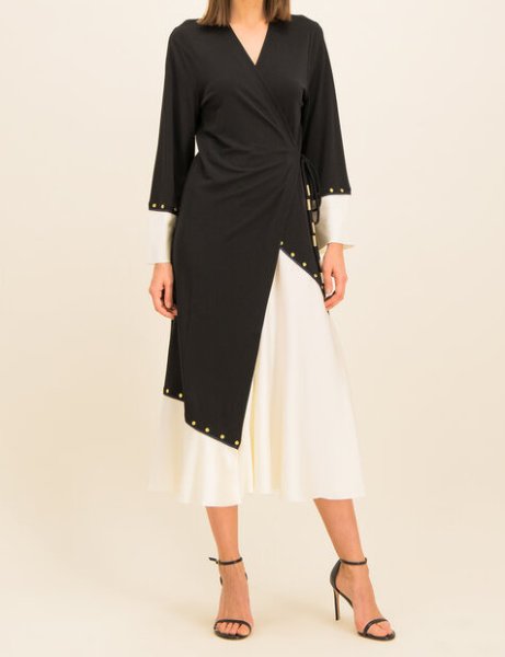 画像1: ドラマ【愛の不時着】使用！Tory Burch トリーバーチ　MIXED-MATERIAL WRAP DRESS ブラック、アイボリー  01201 (1)