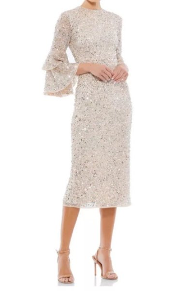 画像1: セール！Mac Duggal マックドゥガル　Sequined Ruffle Tiered 3/4 Sleeve Midi Dress ヌード  01171 (1)