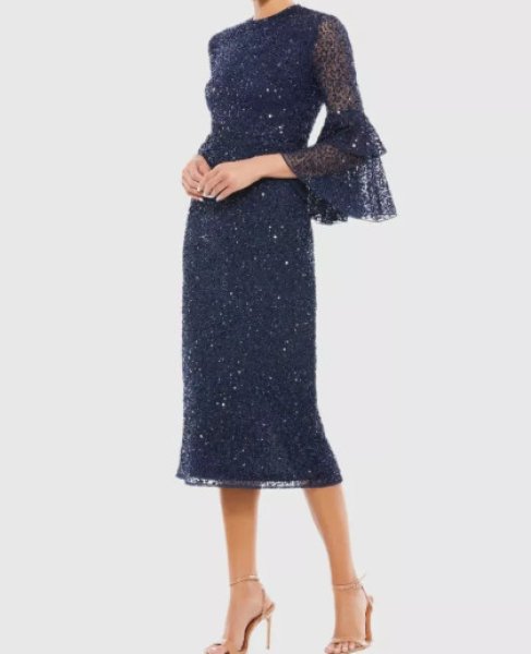 画像1: セール！Mac Duggal マックドゥガル　Sequined Ruffle Tiered 3/4 Sleeve Midi Dress ネイビー  01171 (1)