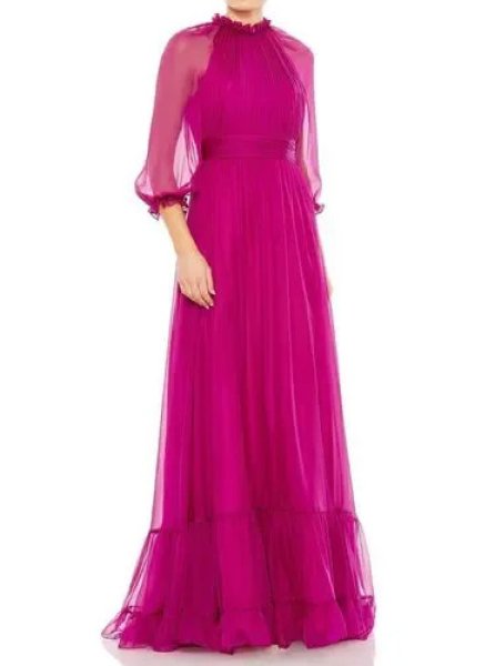 画像1: セール！Mac Duggal マックドゥガル　Chiffon Ruched Illusion Raglan Sleeve Ruffled Gown マジェンタ (1)