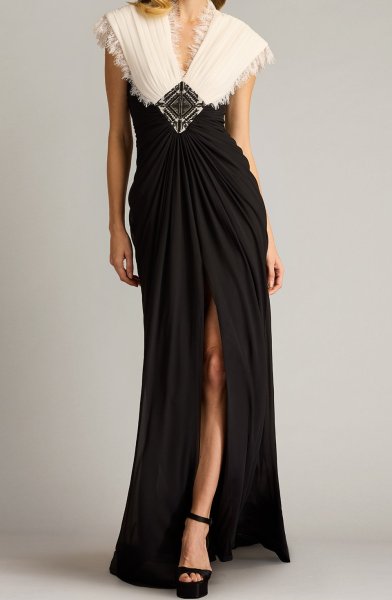 画像1: Tadashi Shoji  タダシショージ   Amelie Lace Trim Chiffon Gown  ブラック、アイボリー (1)