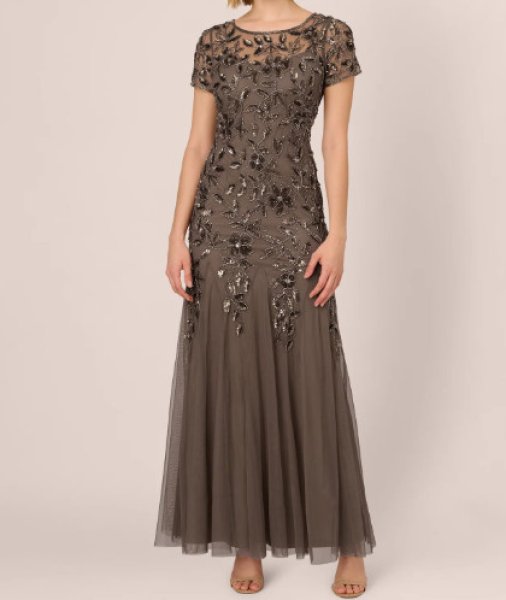 画像1: Adrianna Papell アドリアナパペル　Hand Beaded Short Sleeve Floral Godet Gown　LEAD (1)