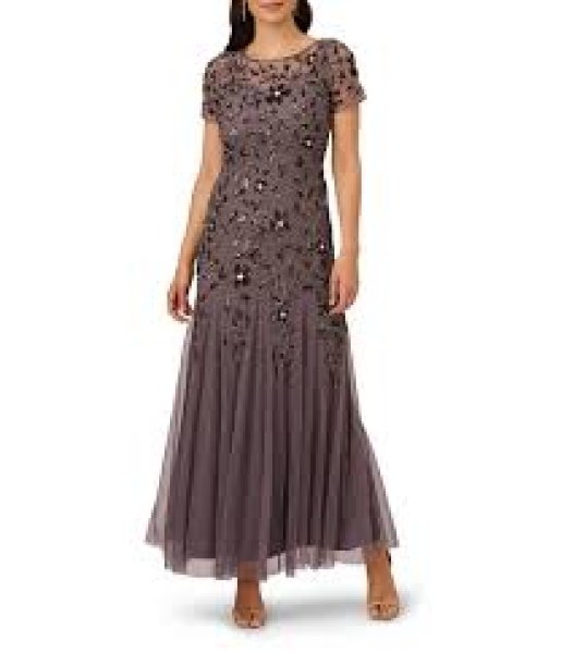 画像1: Adrianna Papell アドリアナパペル　Hand Beaded Short Sleeve Floral Godet Gown　Moonscape (1)