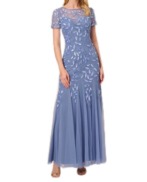 画像1: Adrianna Papell アドリアナパペル　Hand Beaded Short Sleeve Floral Godet Gown　French Blue (1)