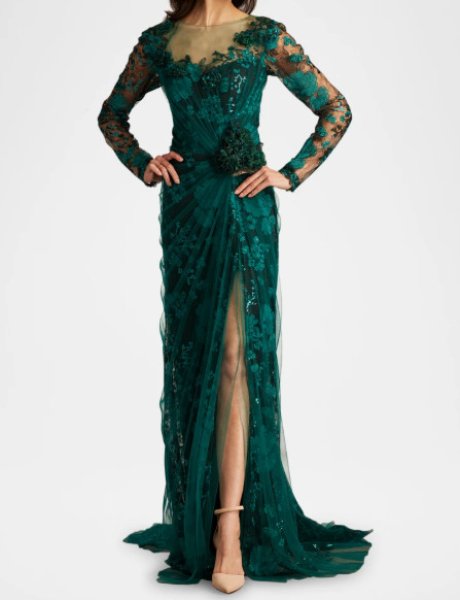 画像1:  限定セール！Tadashi Shoji  タダシショージ　Silvia Embroidered Illusion Gown　グリーン (1)