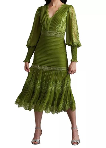 画像1: Tadashi Shoji タダシショージ  NYSSA  Pin-Tuck Long Sleeve Midi Dress　グリーン系 (1)