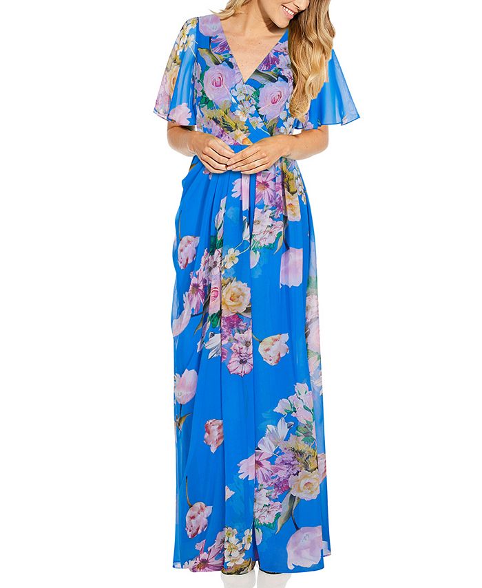 セール！Adrianna Papell アドリアナパペル Floral Printed Chiffon Gown オーシャン - インポート