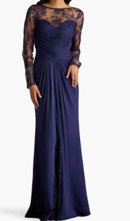  Tadashi Shoji  タダシショージ　RAVINA EMBROIDERED ILLUSION GOWN　ネイビー系