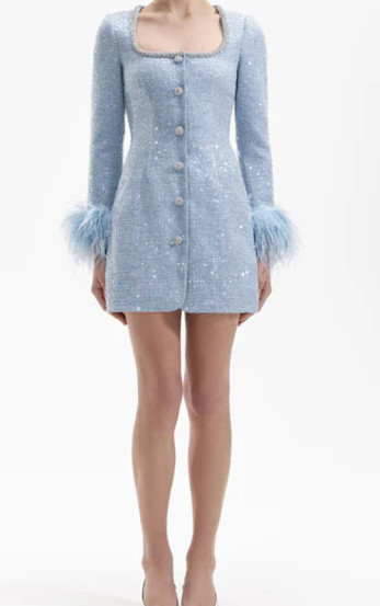 【ニッキーヒルトン愛用】Self Portrait　セルフポートレート  Blue Sequin Boucle Feather Mini Dress